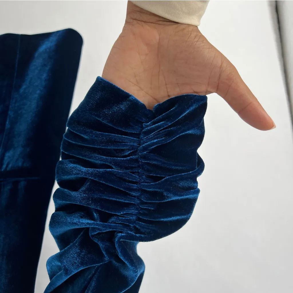 SEDGE Midnight Blue Velvet Womens Blazer Ruched 3/4 Sleeve‎ 1 Button Size XS - Image 4