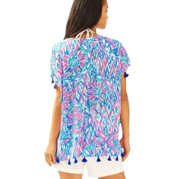 Lilly Pulitzer Women‎ XS Top Tunic Short Sleeve Sydney Caftan Pink Blue Tassels - Image 3