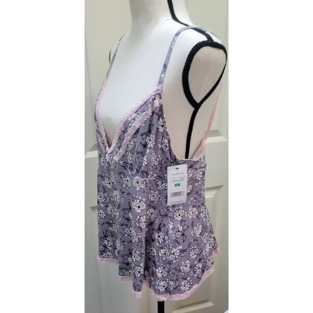Rene Rofe' Sleepwear Cami Shorts Set Sz L New Floral Lace Trim Deep V Sleeveless Purple Size L - Image 8