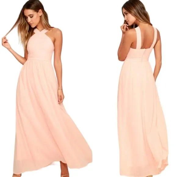 Lulu’s Evening Gown Halter Neck Maxi Sleeveless Chiffon Peach Pink Women’s Large - Image 2