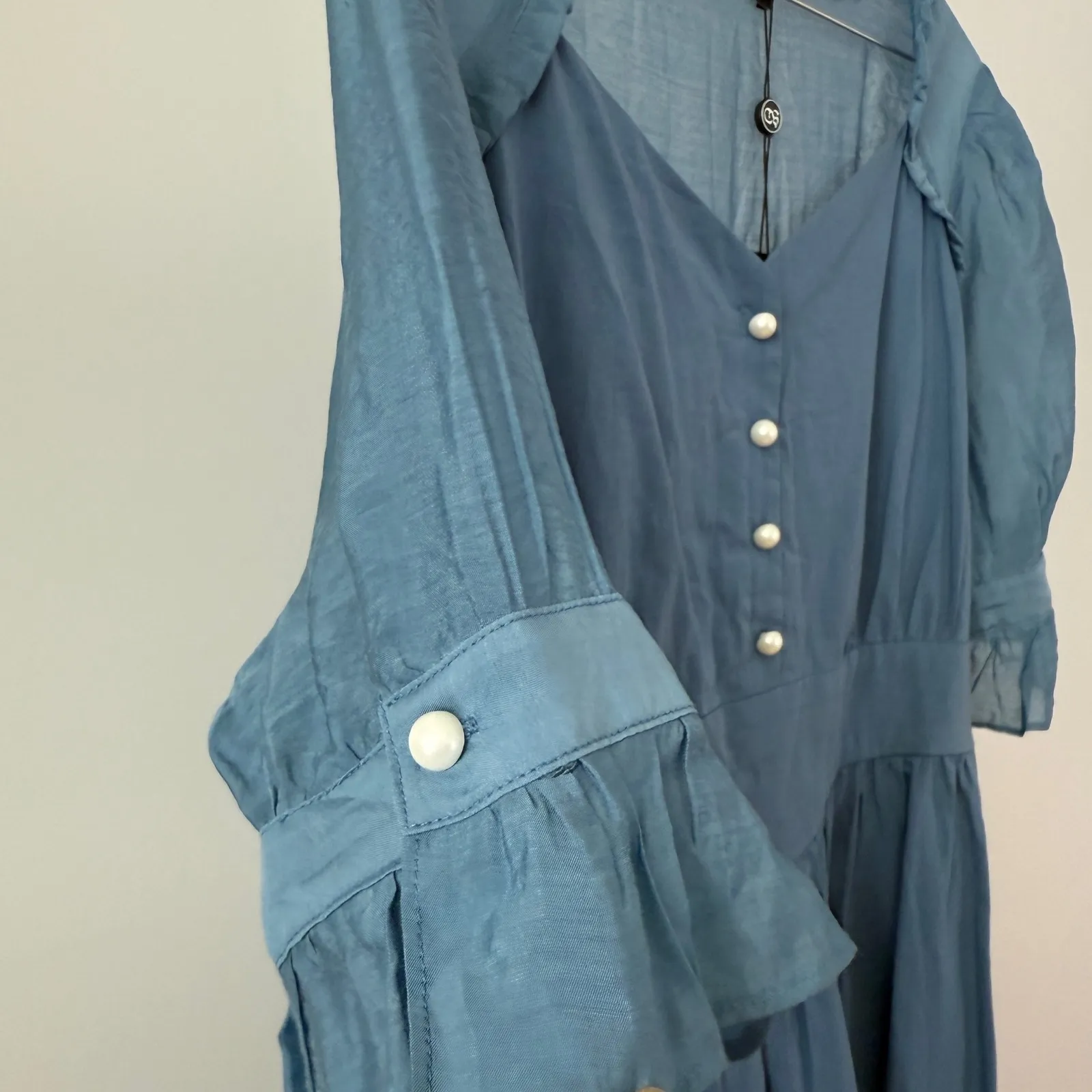 Scarlet Darkness Blue Button Front Midi Dress Tie Waist Sheer Sleeve Women's 2XL Size undefined - Image 7