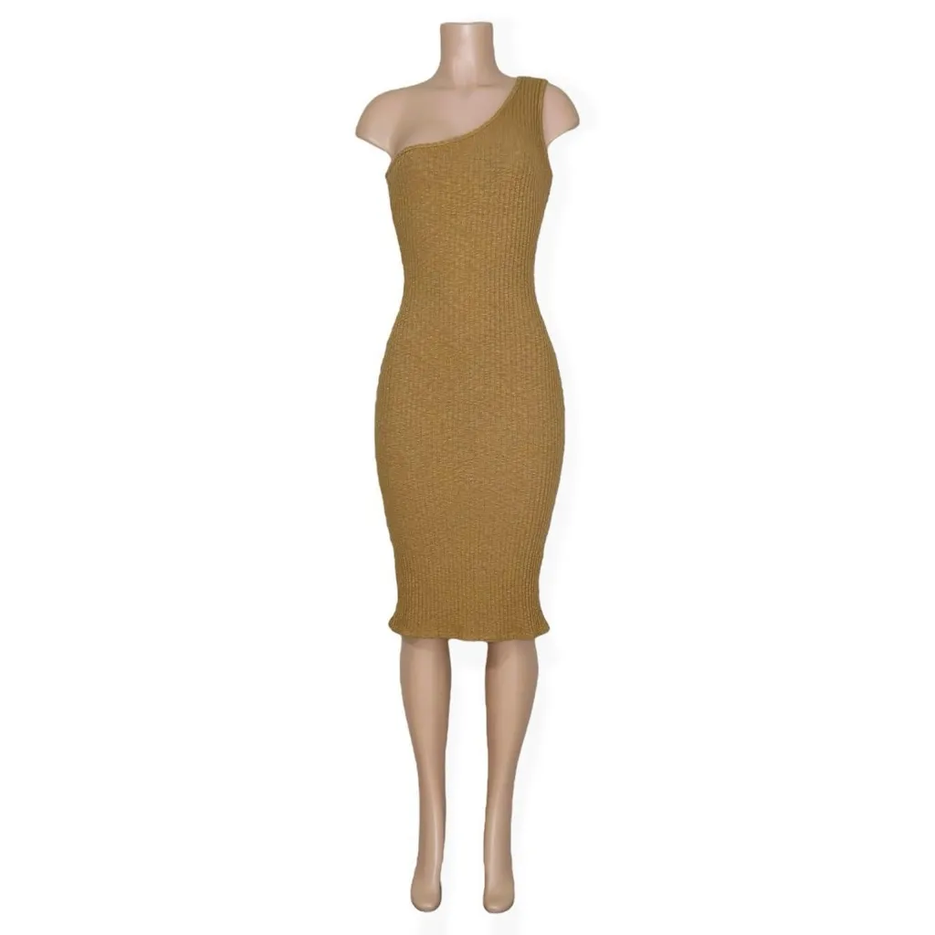 LISA SAYS GAH Paola One Shoulder Ribbed Dress, Camel, XS - Image 5