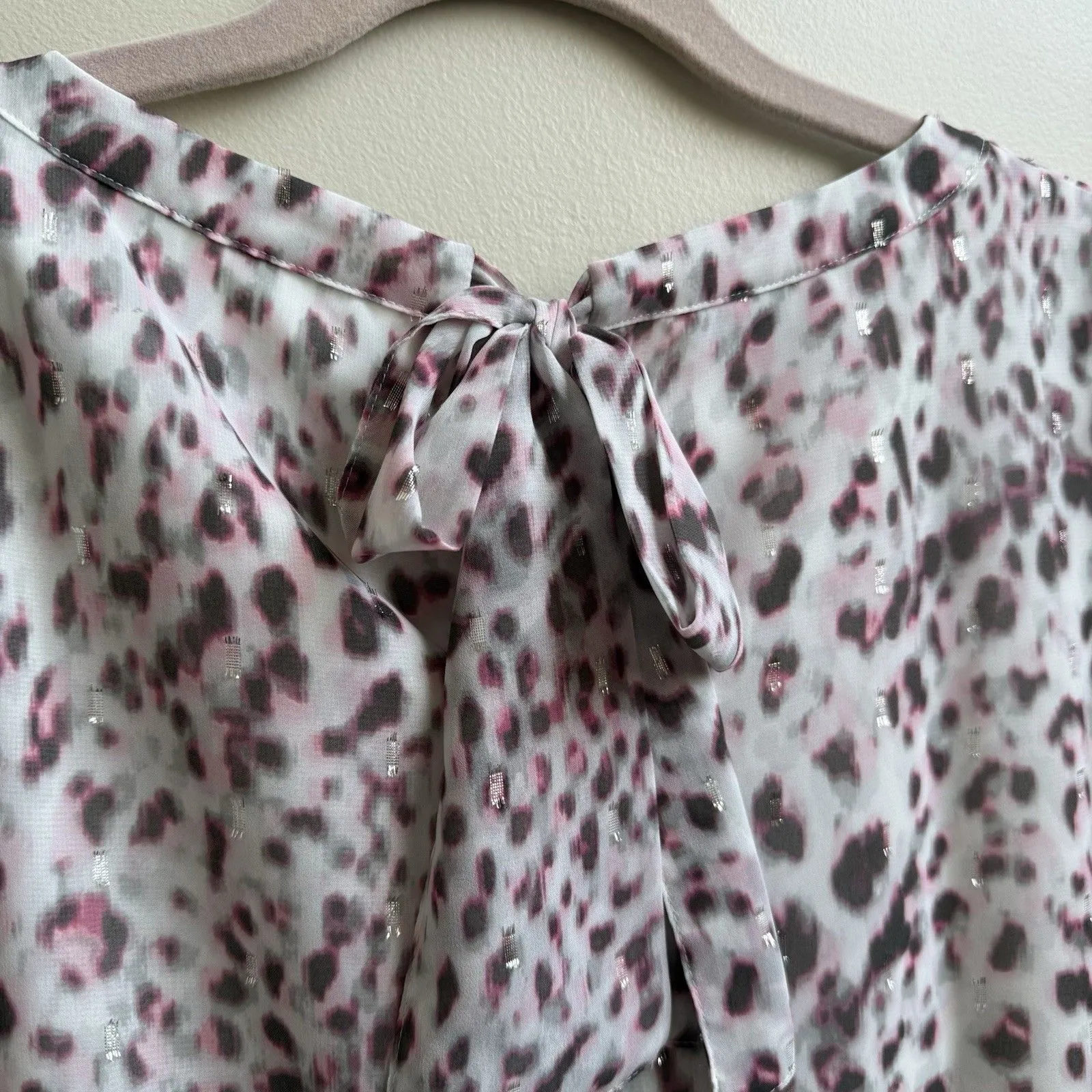 Talbots Womens Shirt Blouse White Pink Leopard Animal Tie Neck Size Medium - Image 5