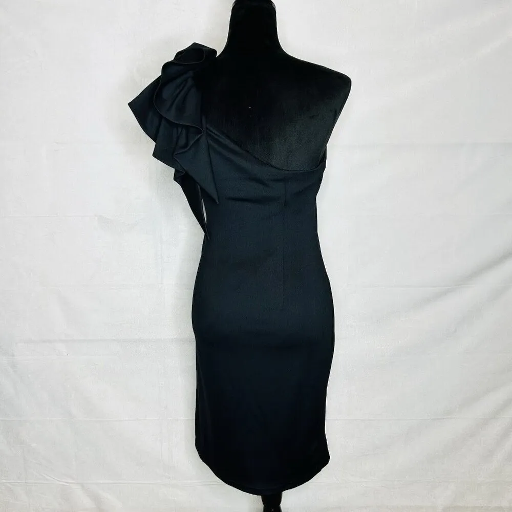 Anthropologie Minuet One Shoulder Black Bodycon Mini Dress Size S Lined Ruffled - Image 6