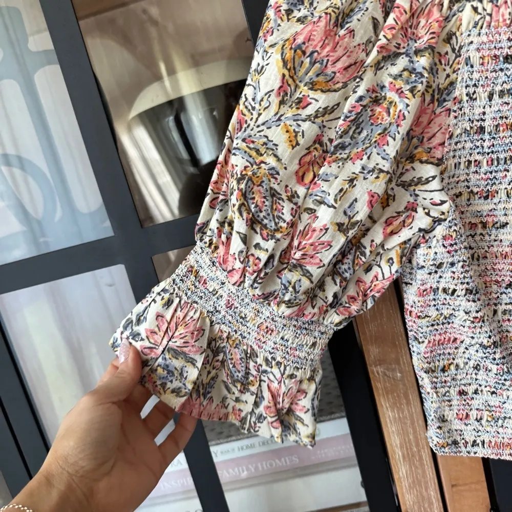 Talisman floral smocked blouse top puff sleeves square neck block print ruffle - Image 3