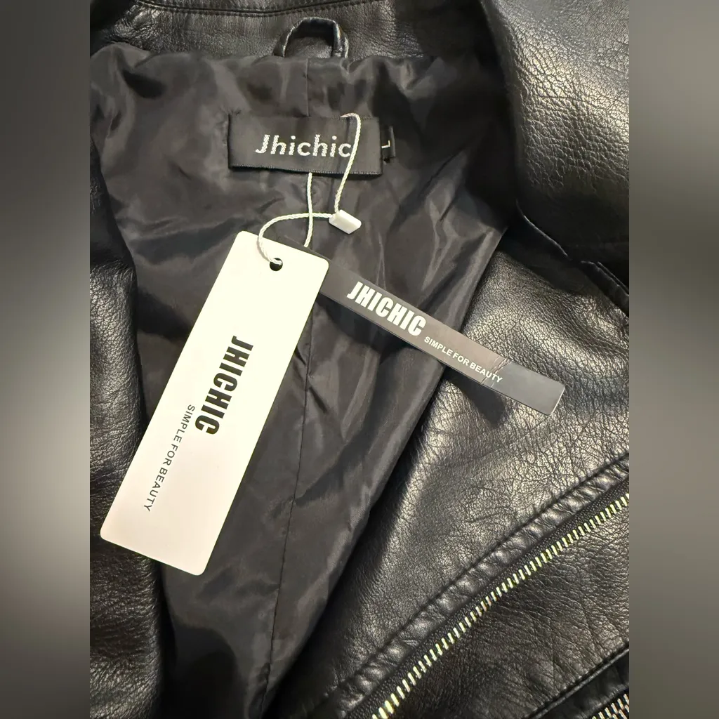 Jhichic vegan leather moto biker black women’s jacket Size L - Image 5