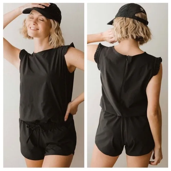 ALBION FIT Albion Ruffle Cap Sleeve Black Romper small - Image 2