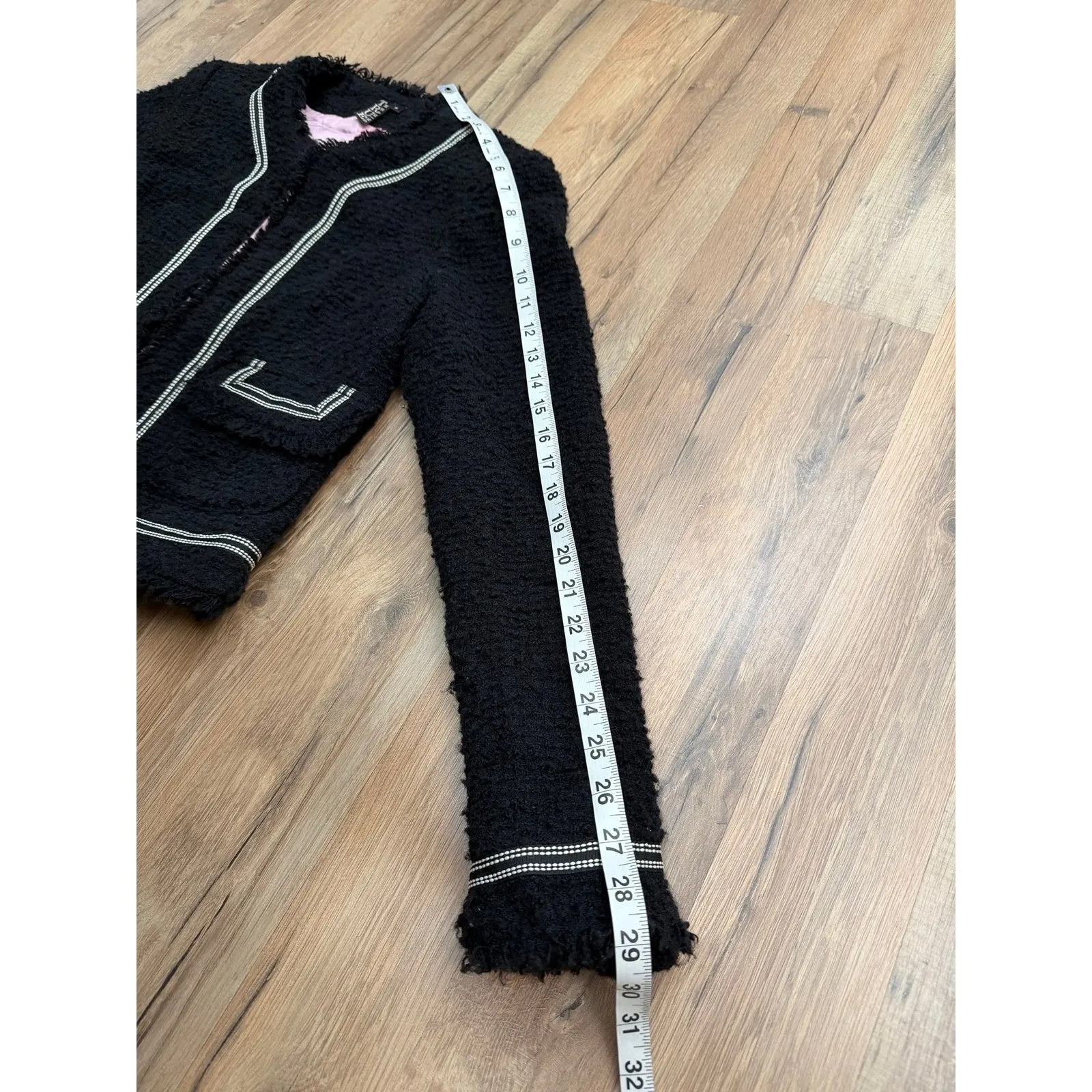 TRUE MEANING Black Tweed Jacket Women's Size 6 Wool Blend Open Front White Trim - Image 11