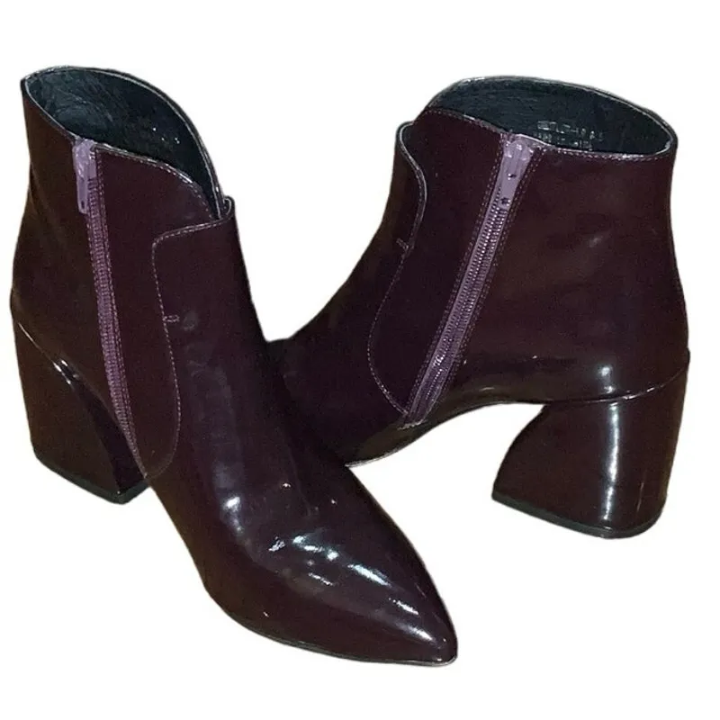 Jeffrey Campbell Ankle Booties Sz.8 Plum Block Heel patent leather Shine VGUC - Image 4