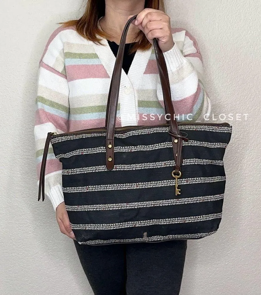Fossil Jenna Black White Heart Striped Tote Bag - Image 4