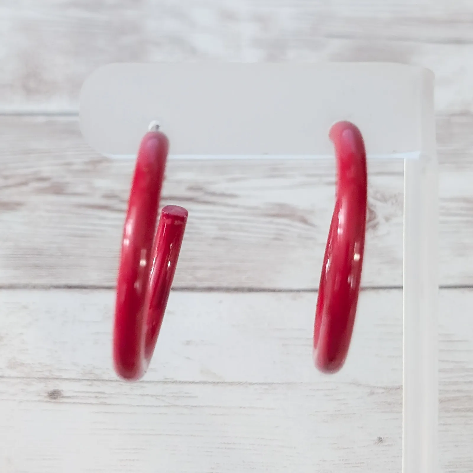 Vintage Stud Earrings Red Large Hoops 1 & 5/8" Statement Retro - Image 6