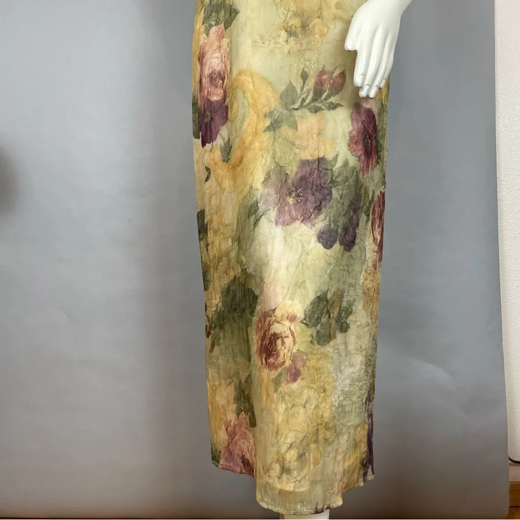 Vintage 90s Dress Floral Sleeveless Crinkly Fabric Tie‎ Waist Sz 11/12 Angelcore Green - Image 4