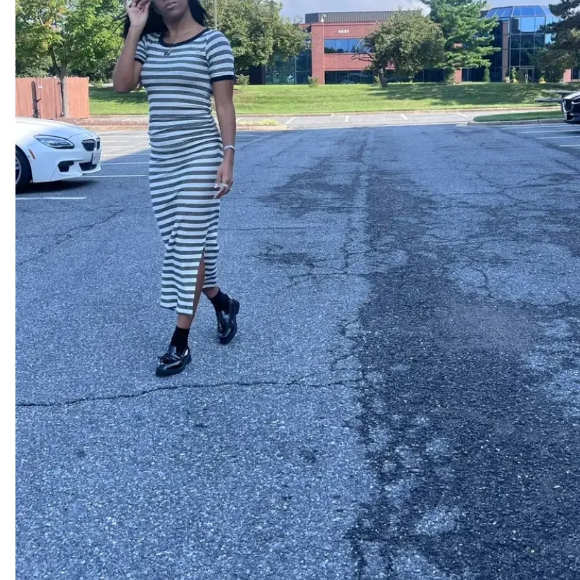 Ganni Blue White Striped T-Shirt Dress SMALL Ruched Ribbed Knit Designer $325 - Image 4