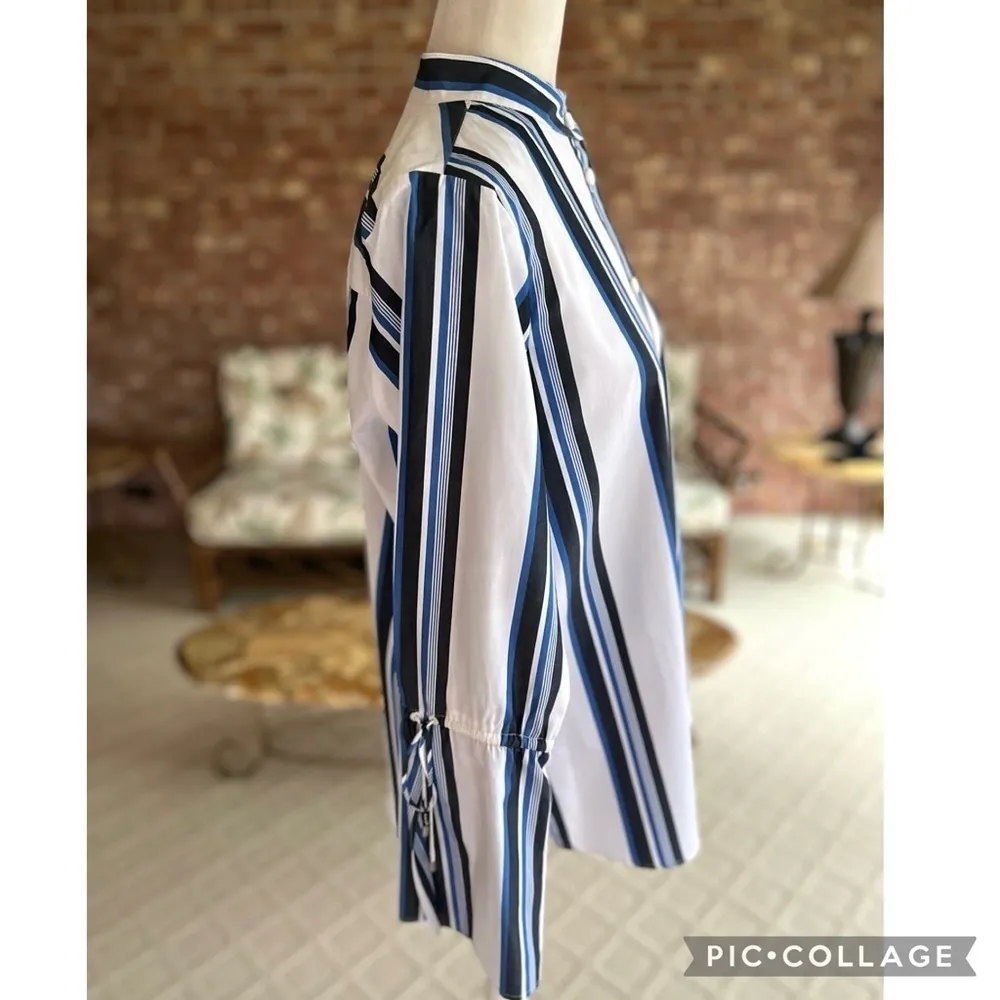 W by Worth Top White Blue Striped Flared Cuff Button Down S Office Work Job Chic - Image 9