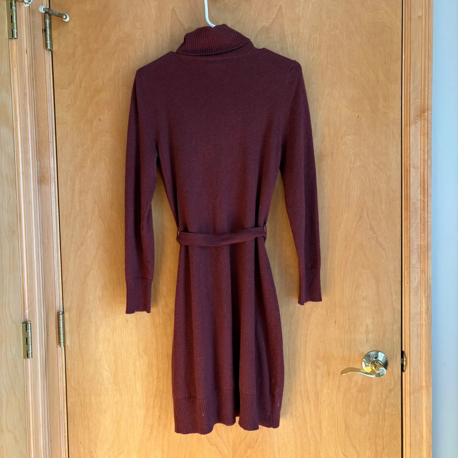 LL Bean Merino Wool Cotton Blend Turtleneck Sweater Dress Burgundy Size S Red - Image 2