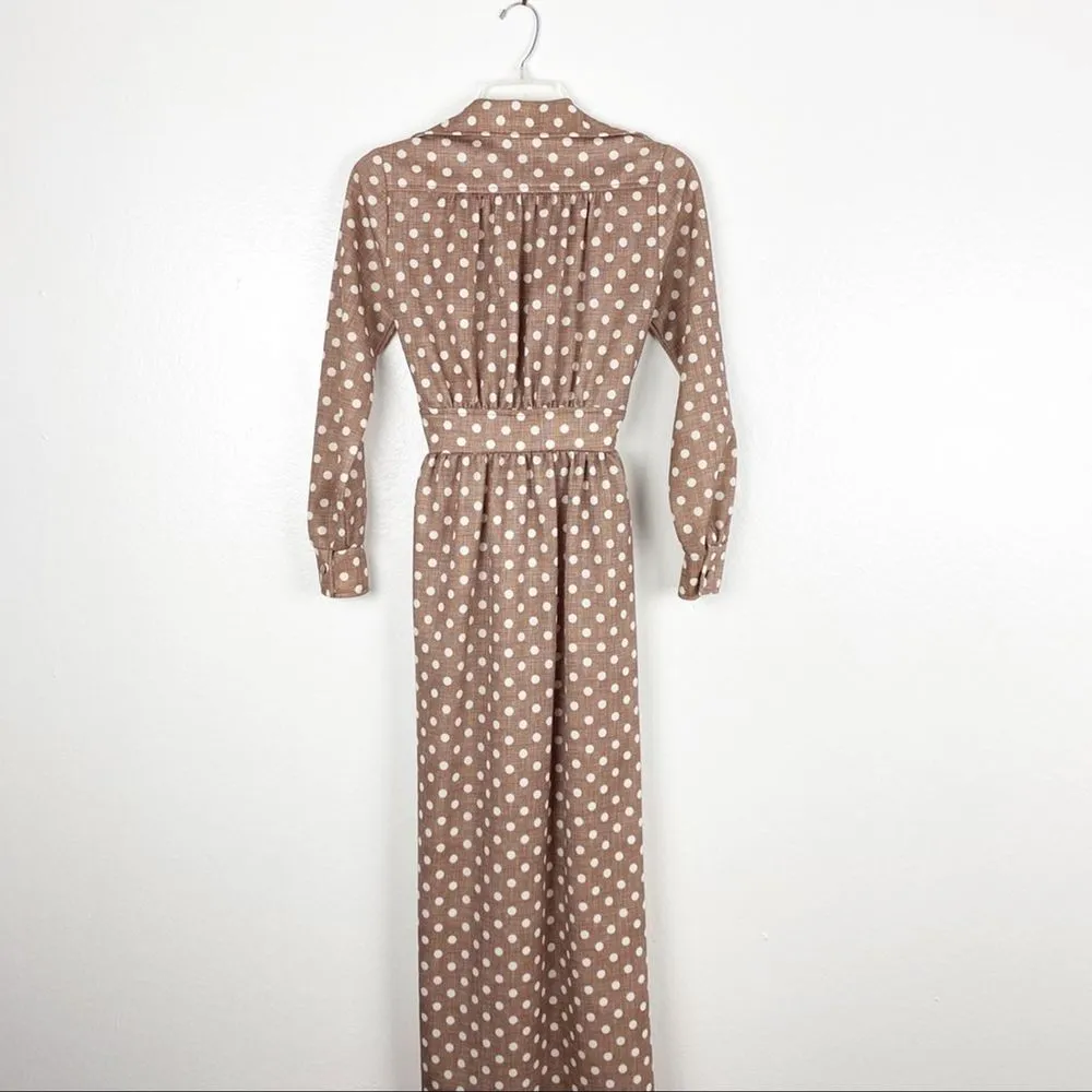 Vintage Brown & White Polka Dot Long Sleeves Belted Elastic Waist Maxi Dress Size 10 - Image 2