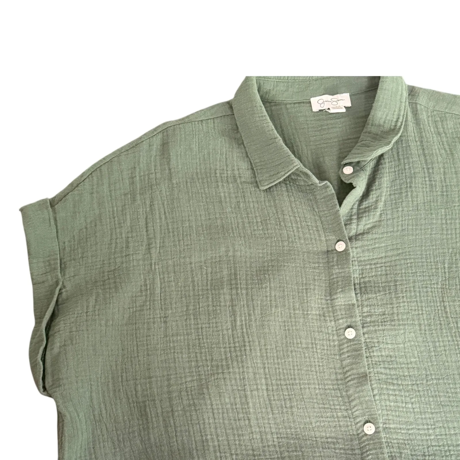 Jessica‎ Simpson Gauze Button Down Shirt Green Women Size L Minimalist Coastal - Image 5