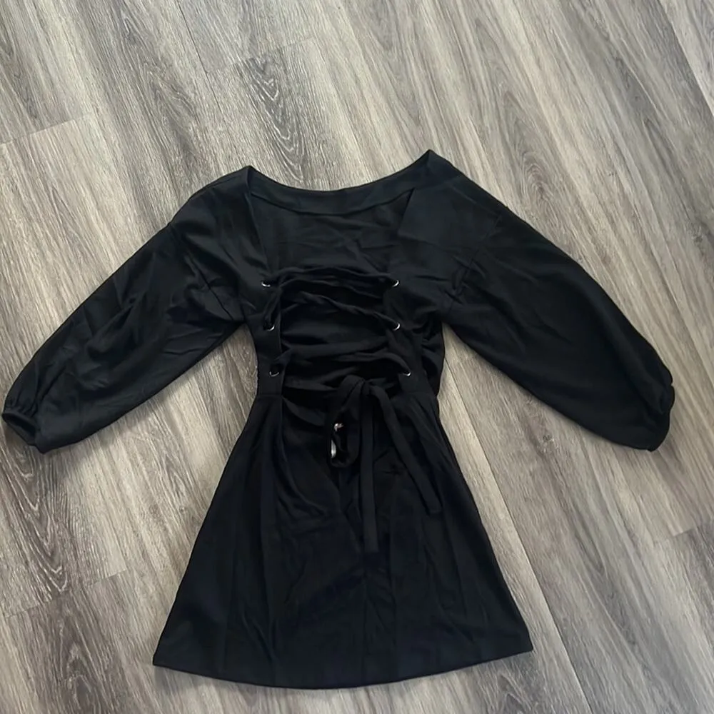 Free people Biana Black Mini Dress Knit Lace-up Back XS 3/4 Balloon Sleeve - Image 6