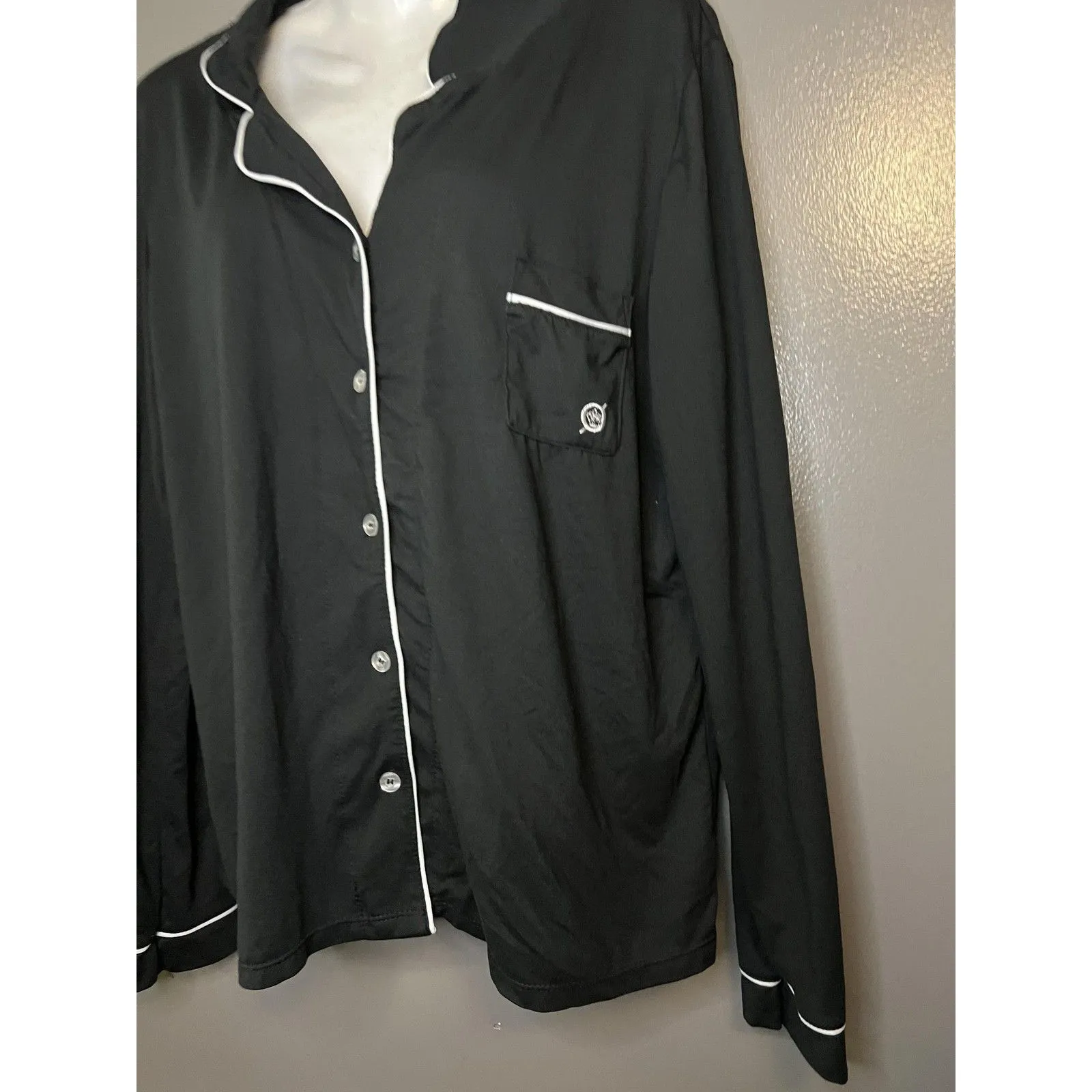 Born Pajama Shirt Womens Large Black Button Front Long Sleeve Piped Sleepwear - Image 3