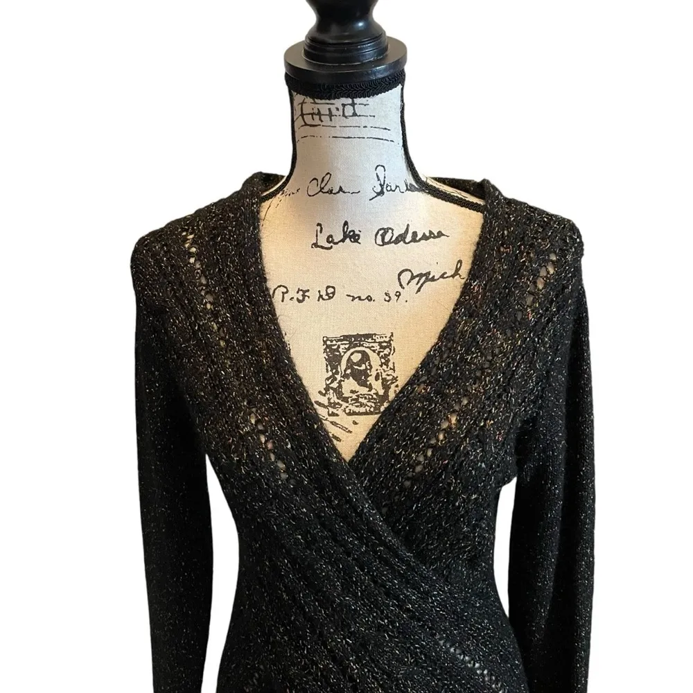 Windsor Wrap Surplice Sweater Black Size Small Cable knit Sexy Plunge moto goth - Image 2