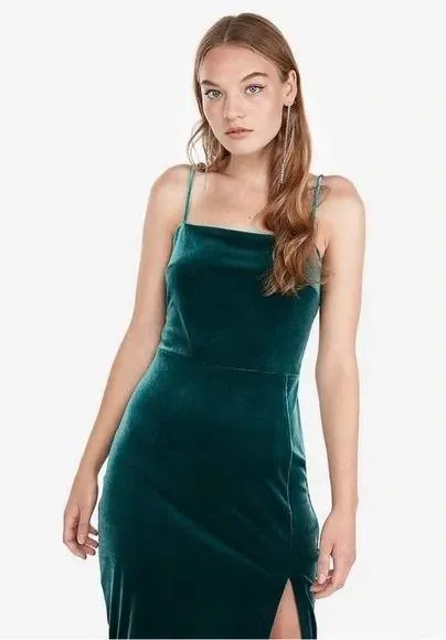 Express Women's Teal Green Velvet Front Slit Spaghetti Strap Sheath Dress Size S - Image 5