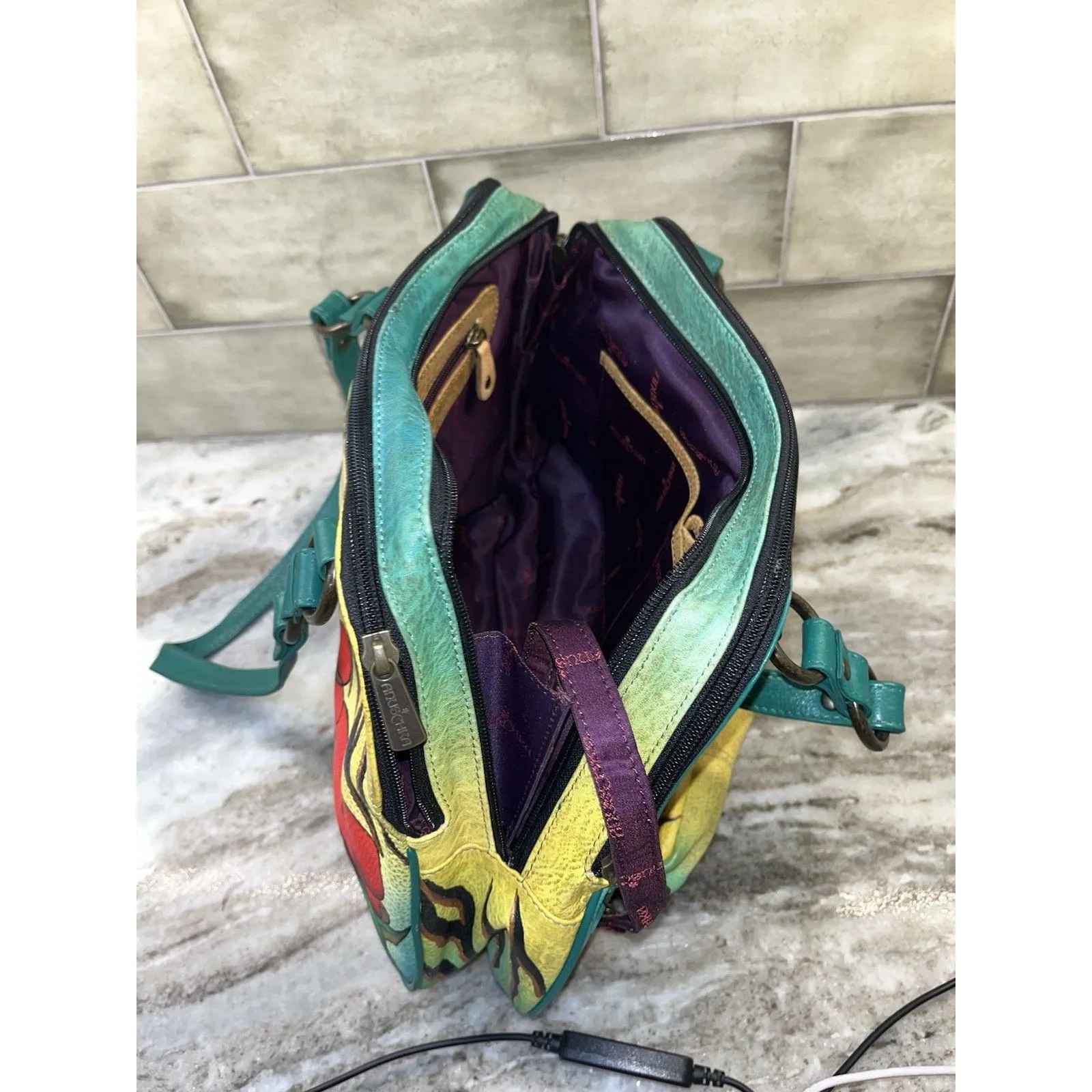 Anuschka Hand Painted Art Leather Tiger Leopard  Hibiscus Satchel Purse W/Coin - Image 9