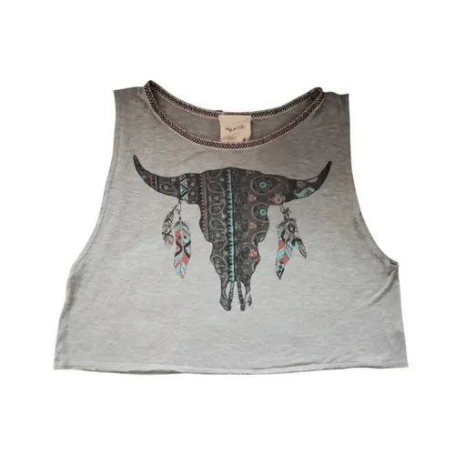 American Rebel Grey Skull Feather Crop Tank Top XL Made USA - Image 2