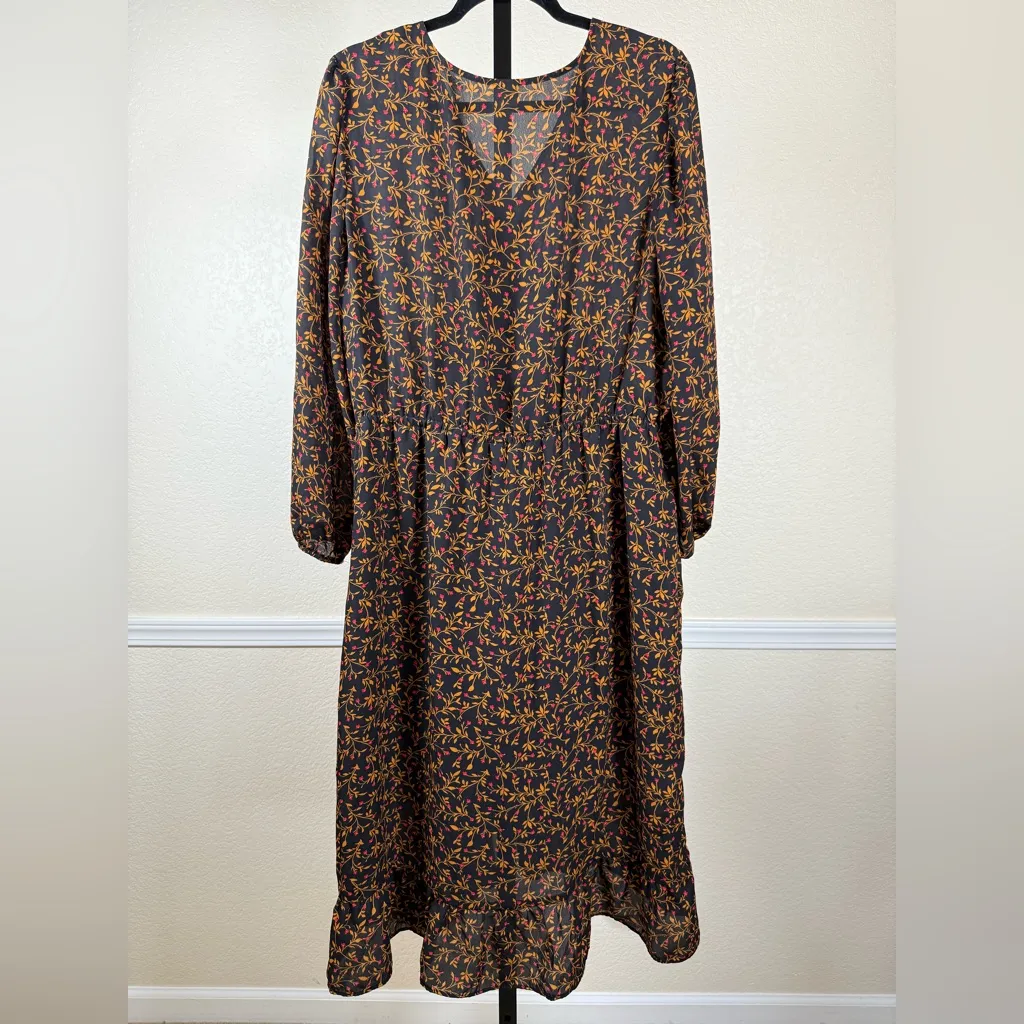 Black Floral Long Sleeve Midi Dress Ruffle Hem Flowy Fit Women’s XL Old Navy - Image 2