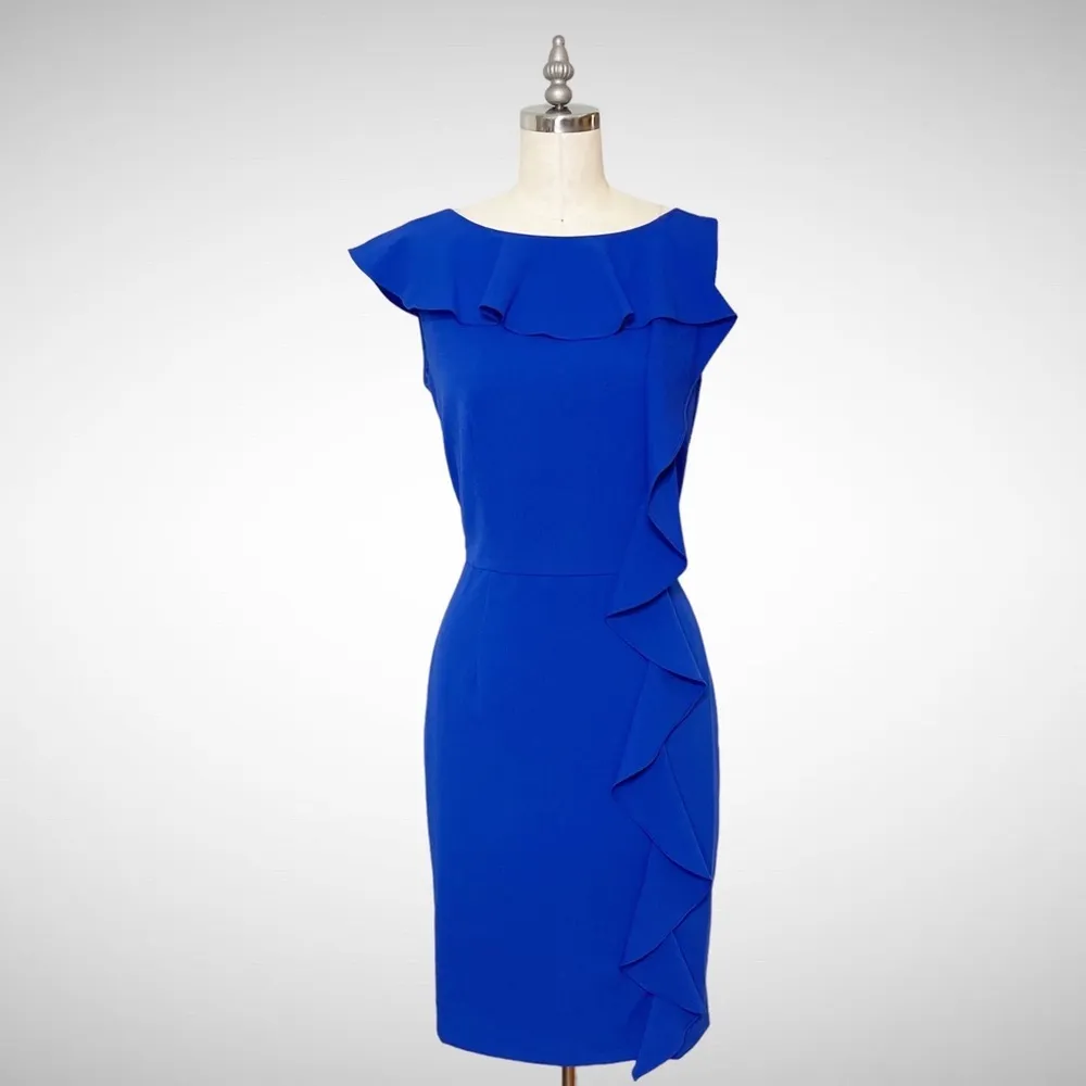 Calvin Klein Blue Ruffle Sheath Dress Career Office Party Size 6 Small - Image 2