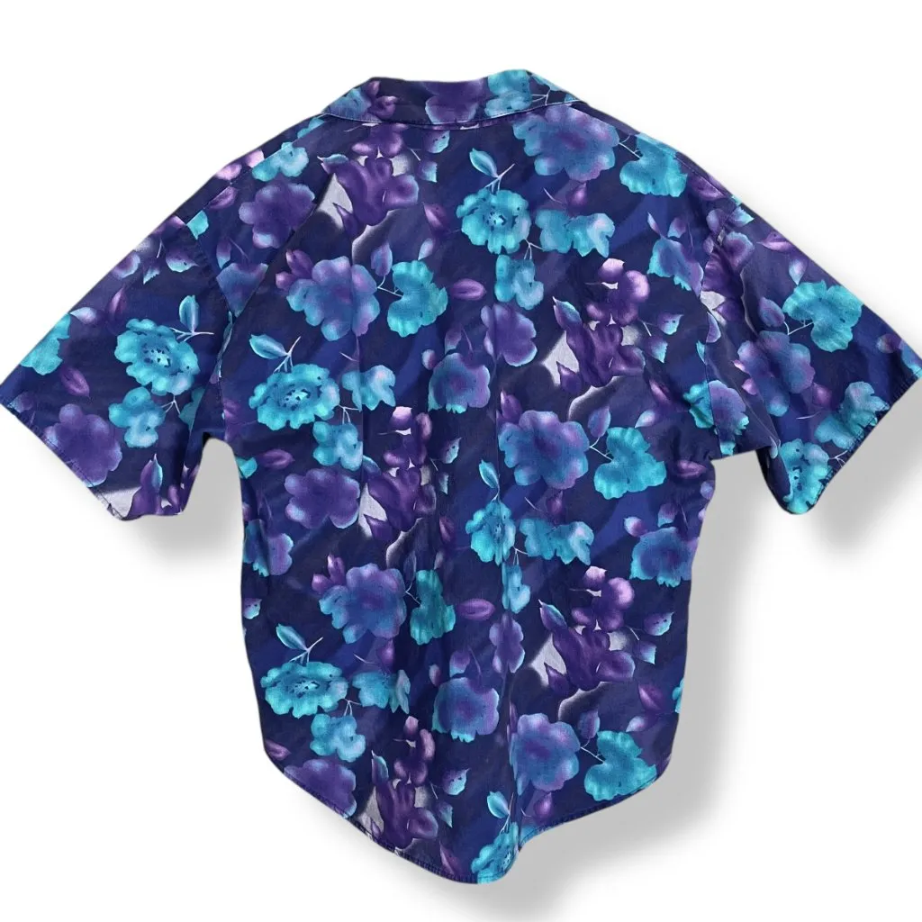 Vintage Floral Shirt Floral Eclectic Print Short Sleeve Women Vibrant Top Purple Size L - Image 2