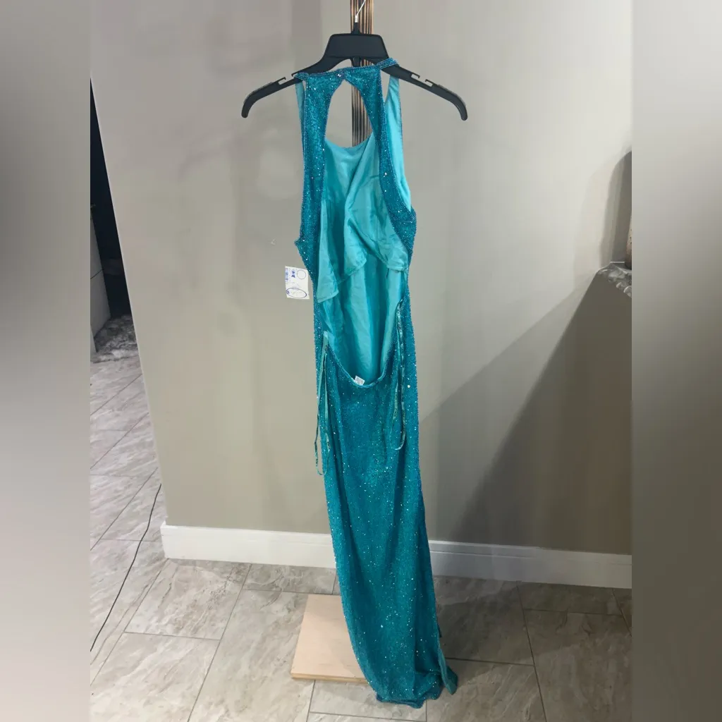 Scala Turquoise Sparkling Sequin Halter Gown Maxi Dress Women’s Size XL NWT - Image 3