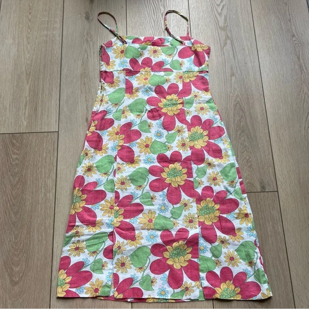 Boden Floral Linen Spaghetti Strap Sundress Resort Wear Size 10 White Pink Retro - Image 10