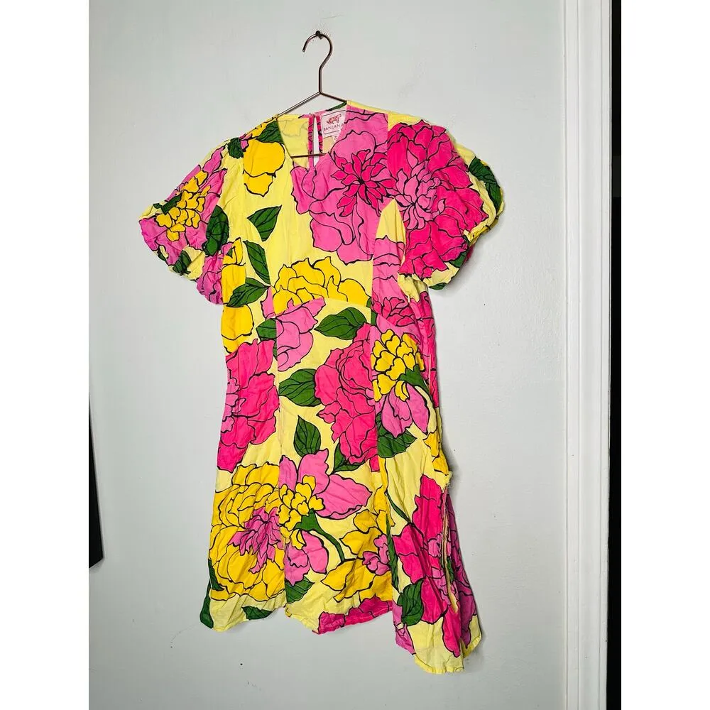 BANJANAN Yellow Pink Bright Florals Puff Sleeves Mini Gracia Dress Size 8 - Image 6