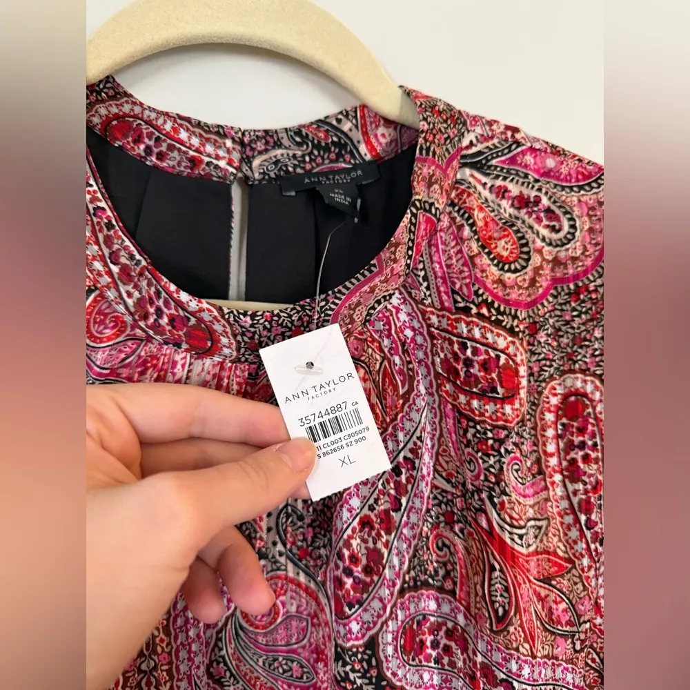 NWT Ann Taylor Paisley Print Pink Metallic Sheer Blouse Size XL - Image 6