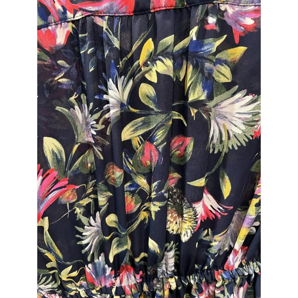 J. Crew Navy Blue Floral Print Flouncy Hem‎ Long Sleeve Crew Neck Dress Small - Image 6