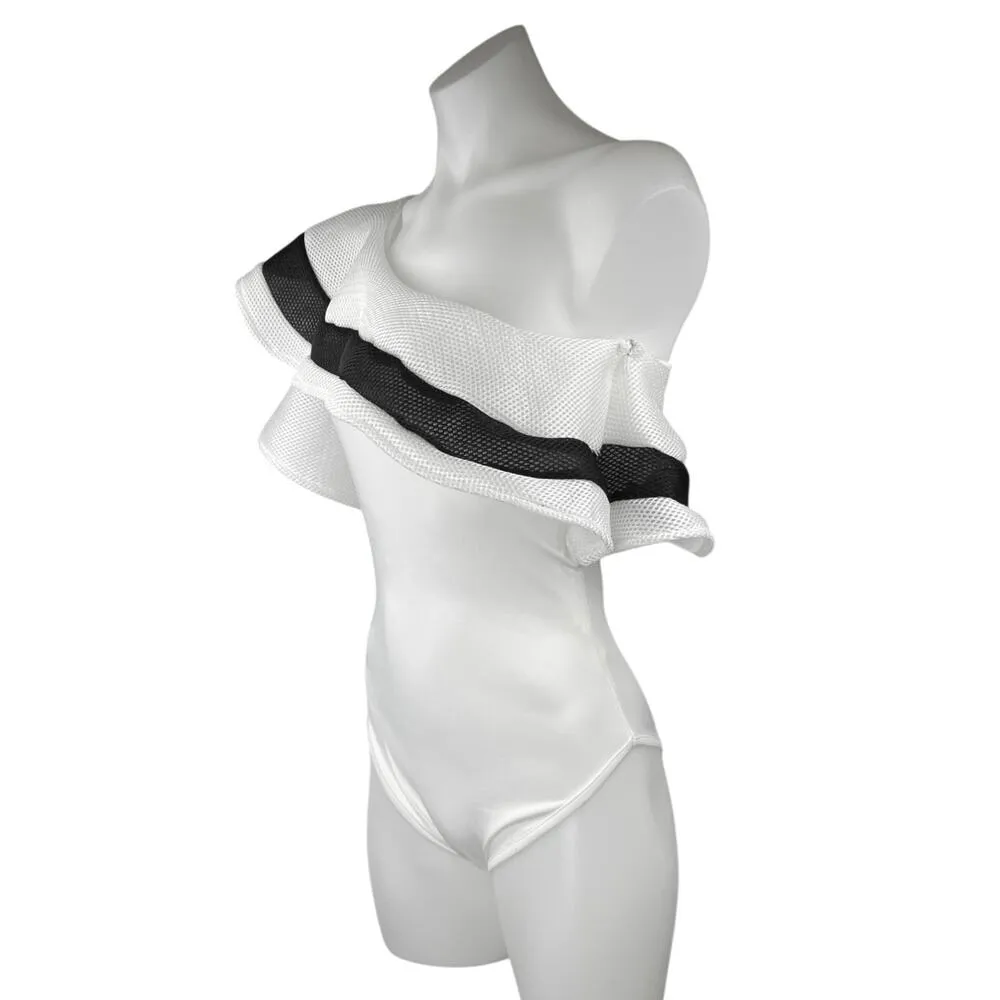 Women's White Black Ruffle Striped One Shoulder Stretch Bodysuit Top Size M Size M - Image 2