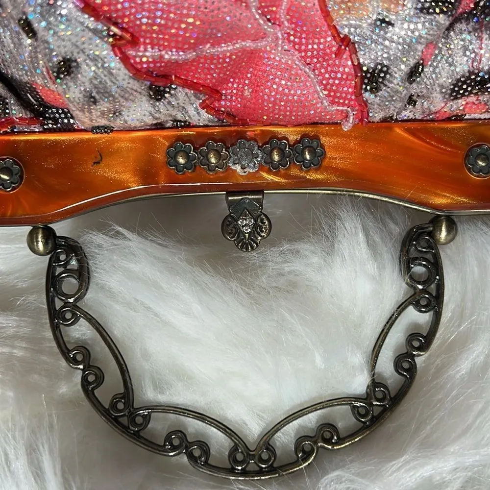 Vintage Beaded Clamshell Sparkly Purse with long Shoulder Strap B89 Gray - Image 4