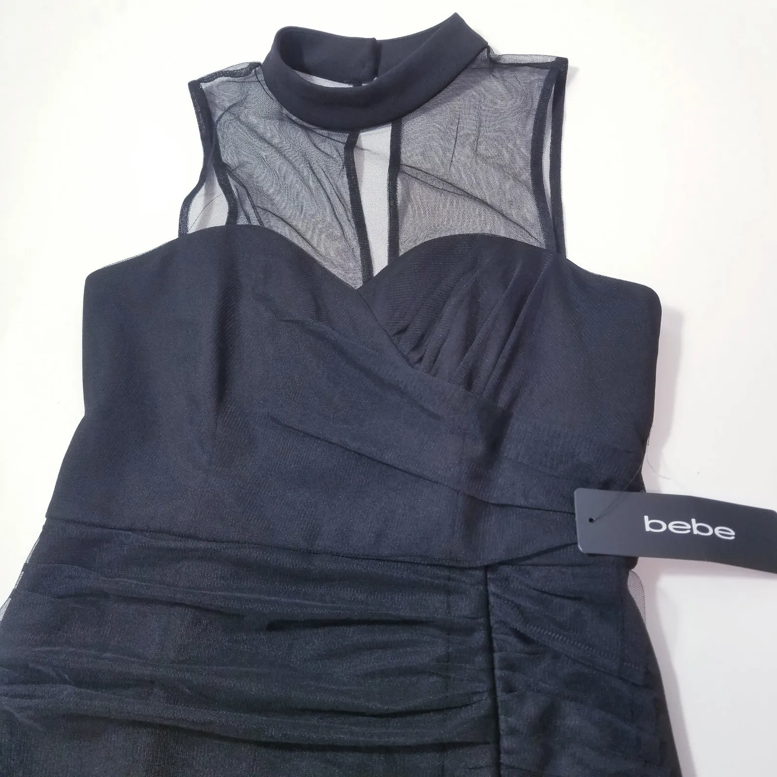 BEBE Black Ruched Illusion Neckline Ruffle Cocktail Dress Sleeveless Mock Neck - Image 3