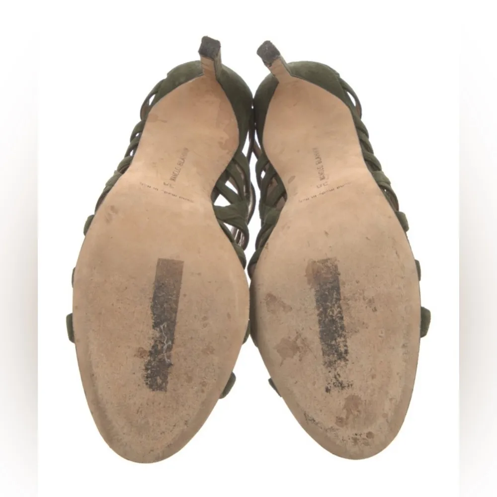 Manolo Blahnik Vostra Strappy Suede Lace Up Open Toe Heels Green sz 38 - Image 5