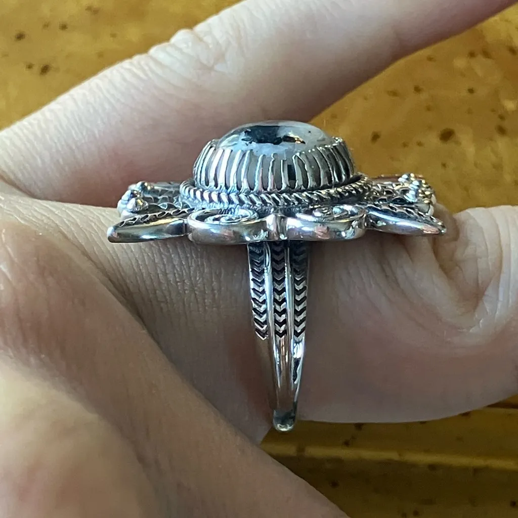 White Buffalo Turquoise Sterling Silver Feather Ring Size 7 Black - Image 3