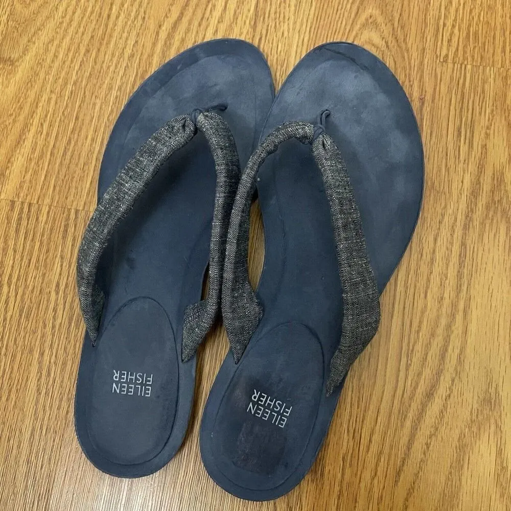 EILEEN FISHER blue denim linen thong flip flop flat sandals size US 10 - Image 4