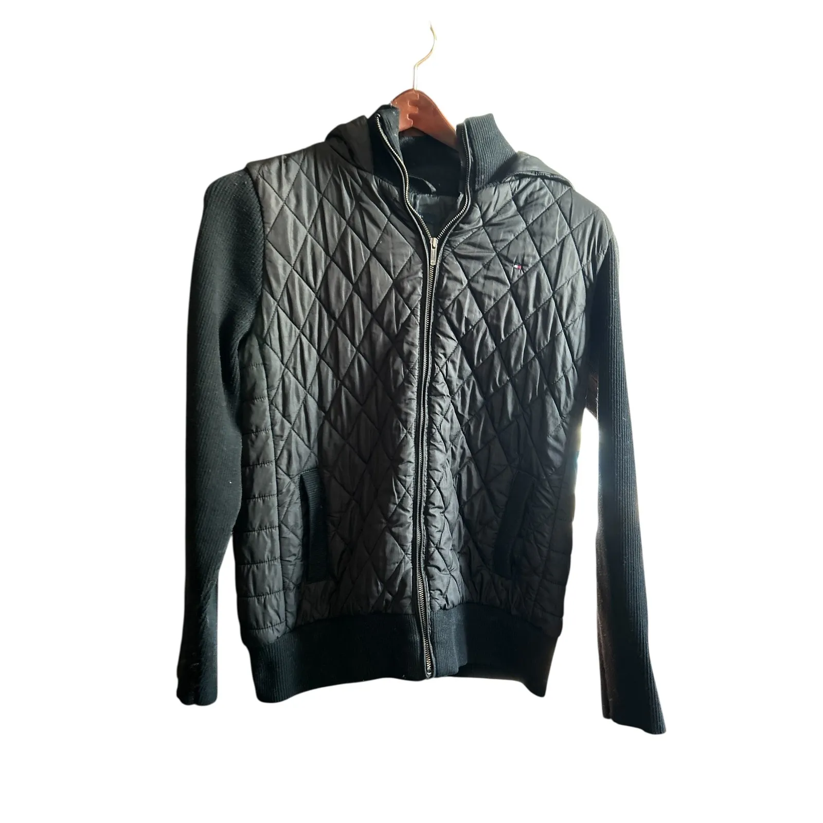 Tommy Hilfiger Quilted Hooded Jacket Black Knit‎ Sleeve Womens Large L - Image 9