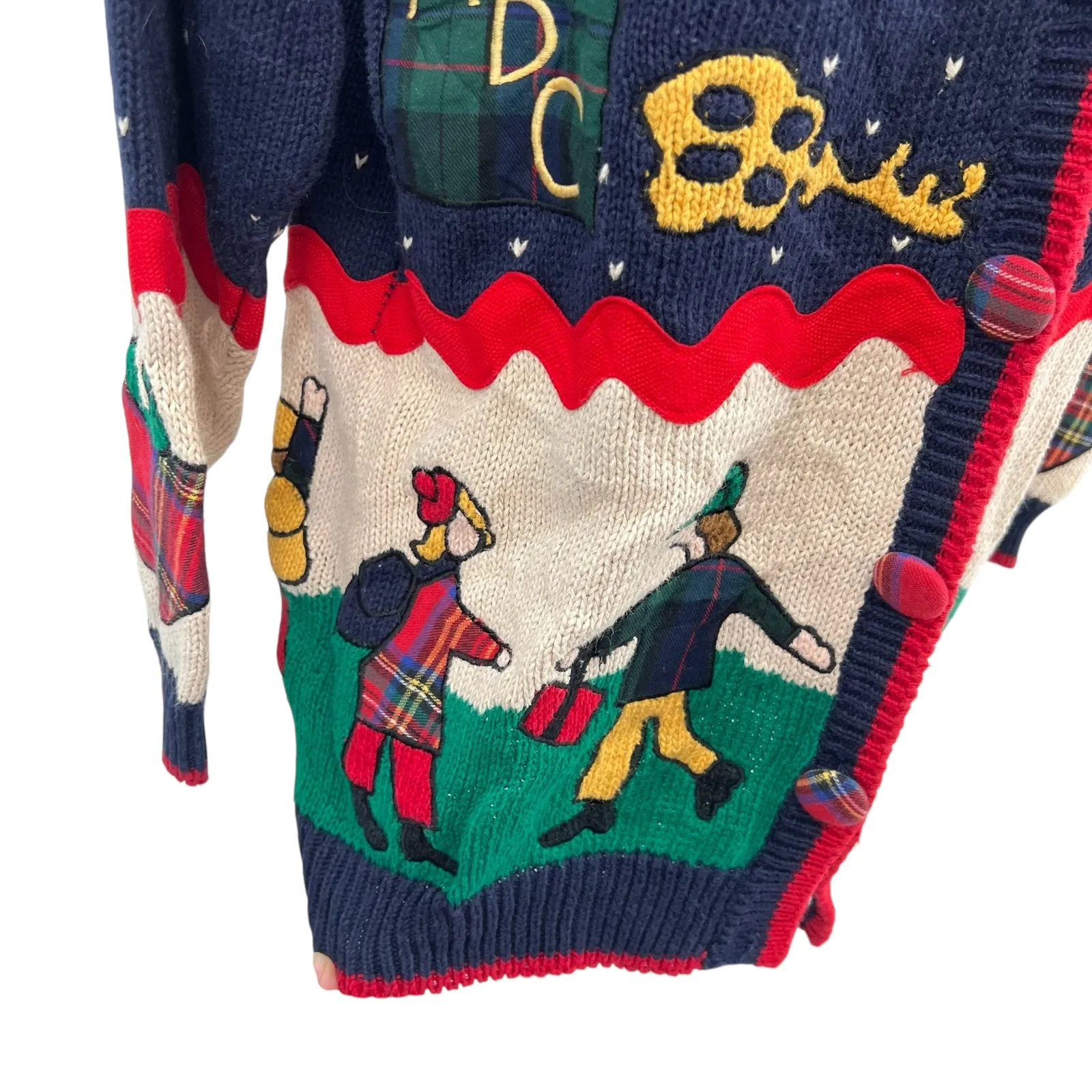 Vintage 90s BellePointe Folk Art Cardigan Sweater Novelty Print Blue Red Medium - Image 7
