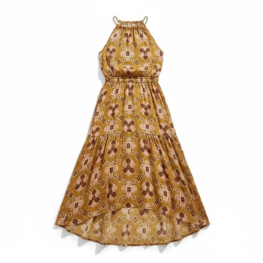 Aerie Mustard Yellow Geometric Print Halter Maxi Dress Tiered High Low Size XS - Image 2