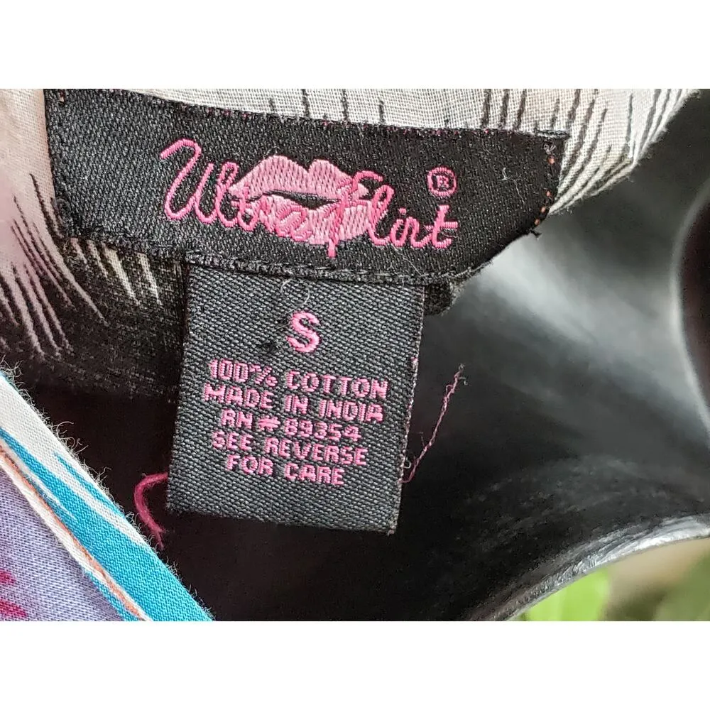 Ultra Flint Mini Dress Womens S Multi Geometric Cinch Waist Smocked Button Front Blue - Image 2