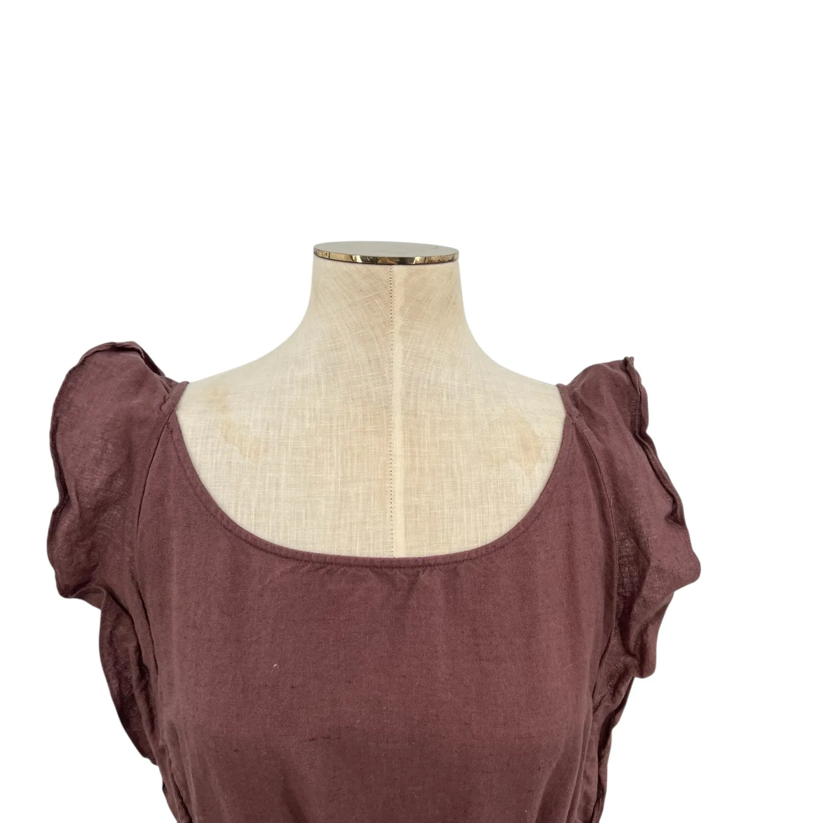Free People Erin Ruffled‎ Mini Dress Cut Out Back Linen Brown Size Large - Image 5