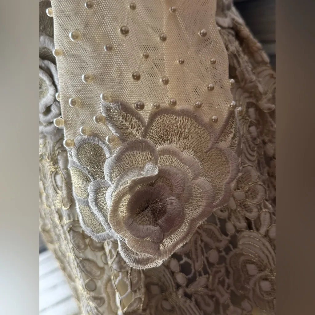 Metisu sheer top beige and gold floral pearl party dress. Nwt Size M - Image 8