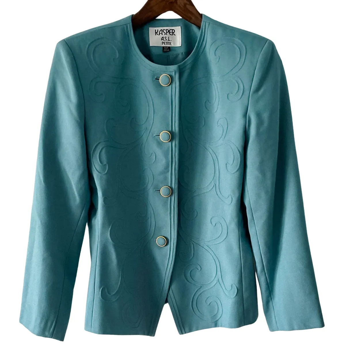 Vintage Retro Feminine Stitched Collarless Blazer Jacket blue gold size 10P MP - Image 9