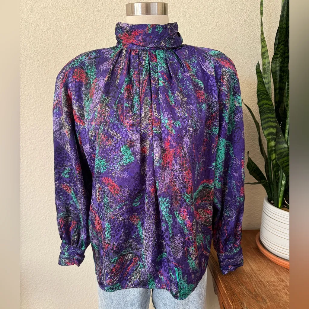 Vintage Abstract High Neck Blouse Jewel Tone Academia Size 14‎ Purple - Image 9