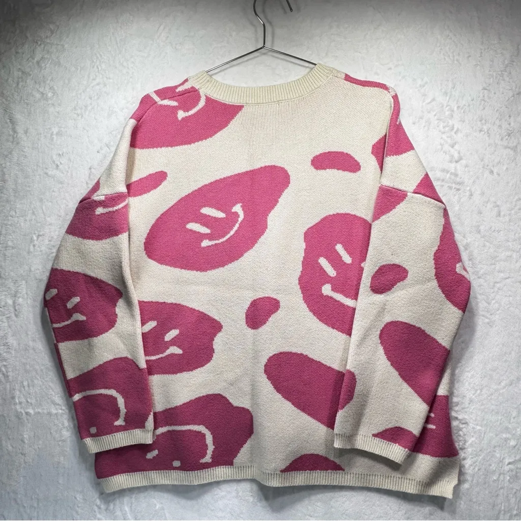 Moon & Madison Y2K Sweater Ivory with Pink Smiley Faces Oversized Soft Cozy XL - Image 4
